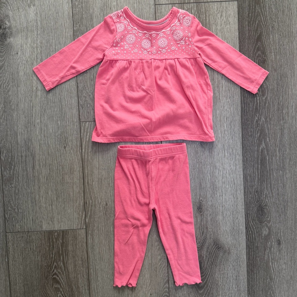 KIDS KORNER 2PC LONG SLEEVE TUNIC TOP AND RIBBED LEGGINGS OUTFIT SET PINK 18MO